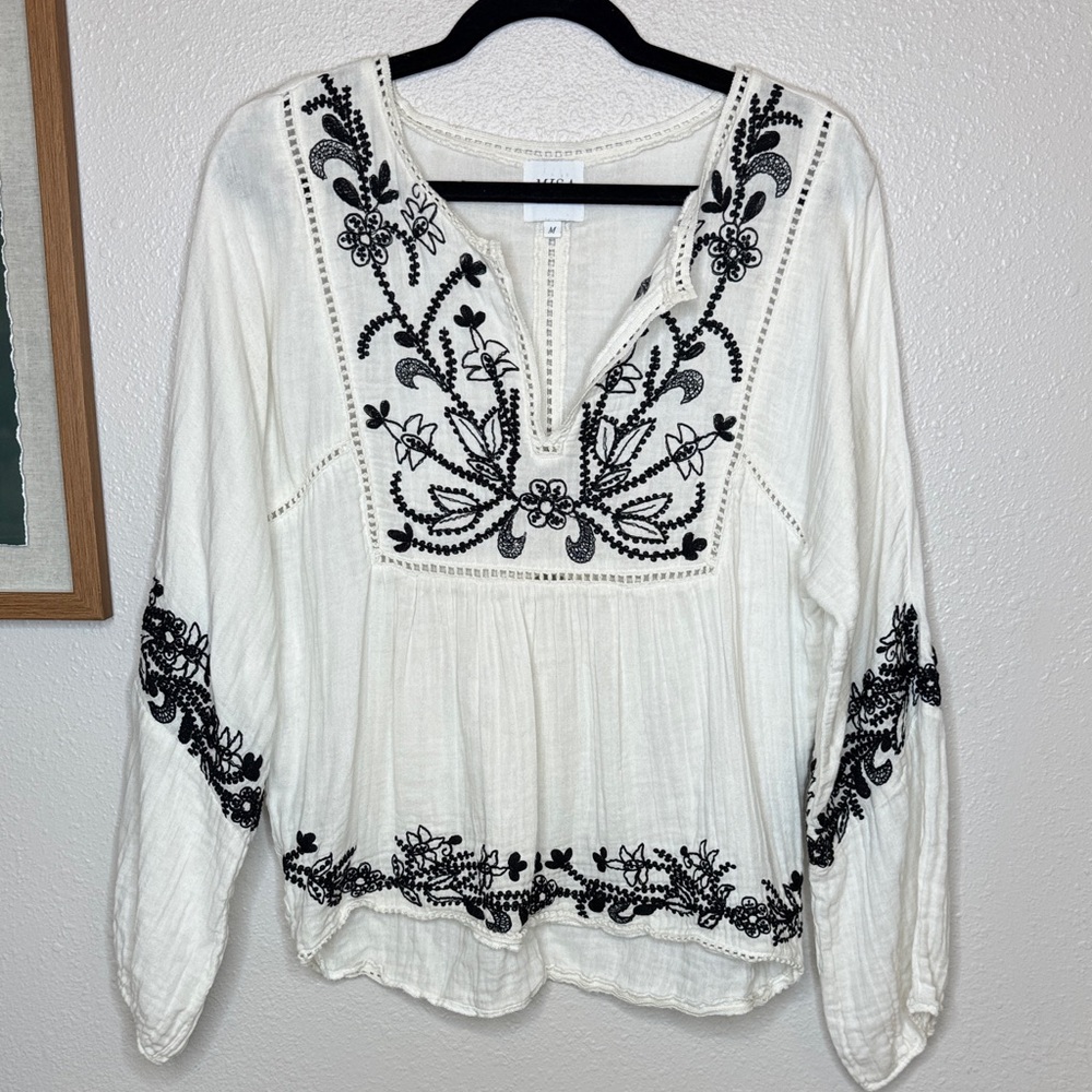 Misa Los Angeles Stella White Black Embroidered Cotton Boho‎ Gauze Top - M